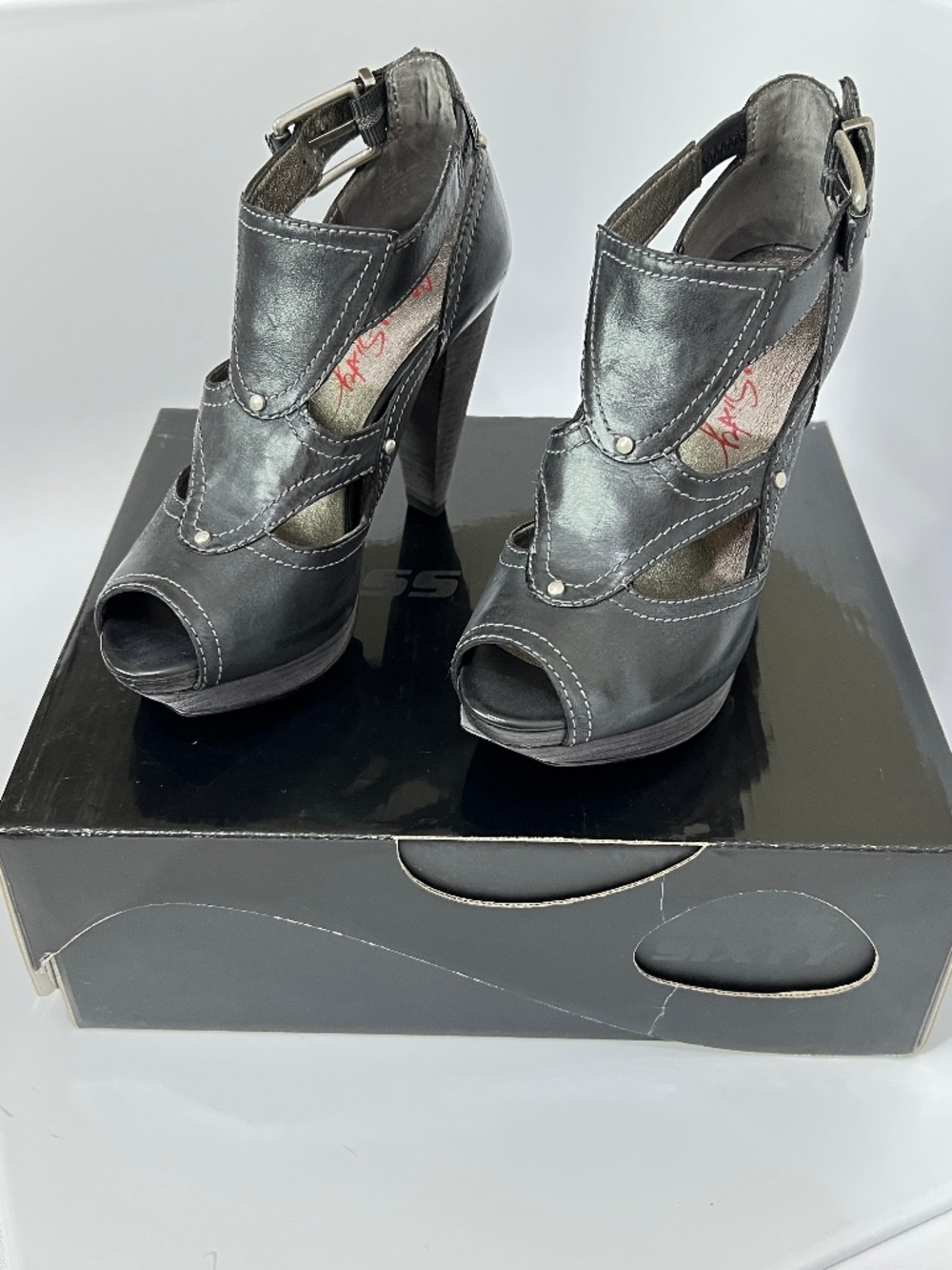 MISS SIXTY MS-Jace Platform Peep Toe Sandals Leather Black Size 6 NWT